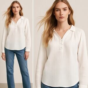 Harshman White Textured Cotton Blouse Notch Collar Long Sleeve Top Medium NEW